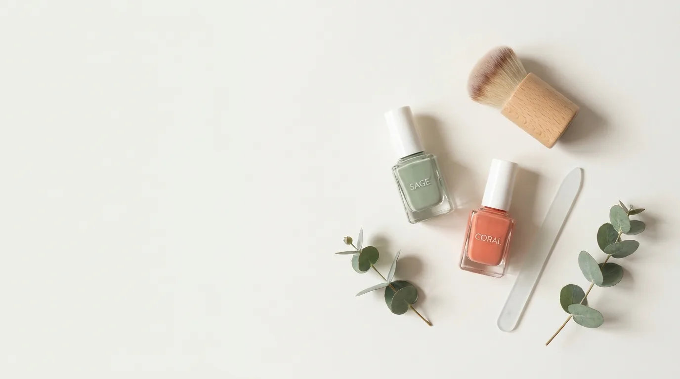 Sage and coral nail polish, brush and glass file arranged on an off-white surface